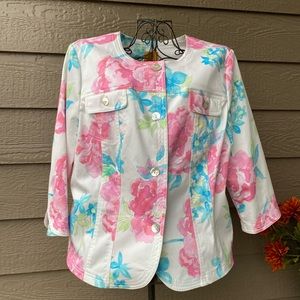 Ruby Rd Floral Print Blazer Jacket Crop Style Cotton Blend